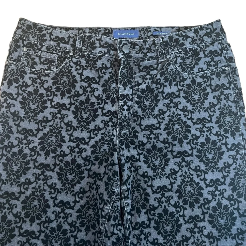 Charter Club Straight Leg Lexington Pants Black Velvet Damask Pattern Size 12